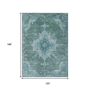 HomeRoots 10' X 14' Teal Blue and Gray Medallion Area Rug – Washable, Indoor/Outdoor, Stain-Resistant, Durable 659233