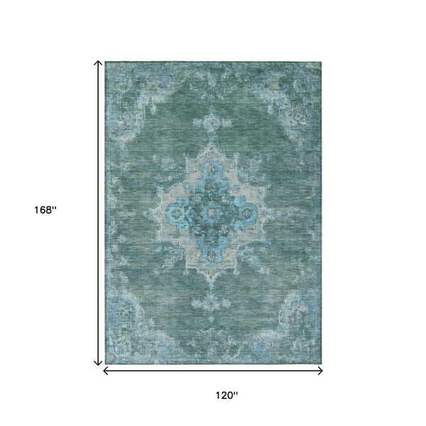 HomeRoots 10' X 14' Teal Blue and Gray Medallion Area Rug – Washable, Indoor/Outdoor, Stain-Resistant, Durable 659233
