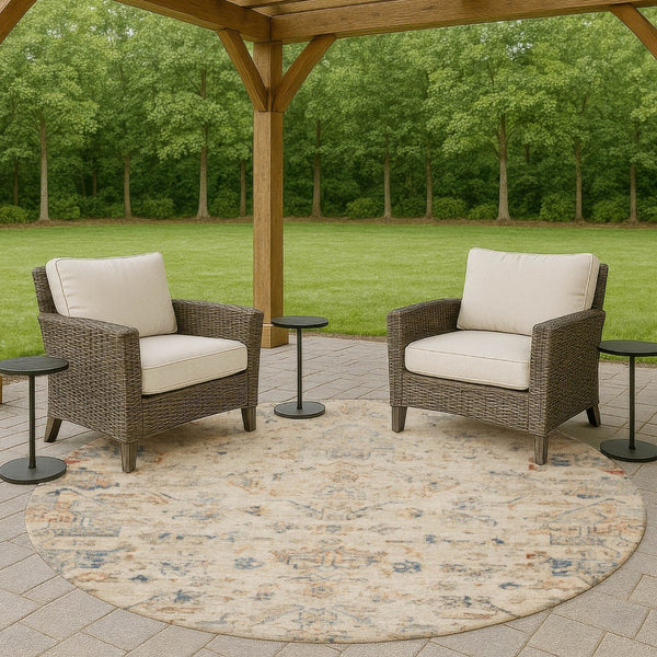 HomeRoots 8' Beige and Gray Round Medallion Rug - Washable, Durable, Stylish for Indoor/Outdoor Spaces 659236