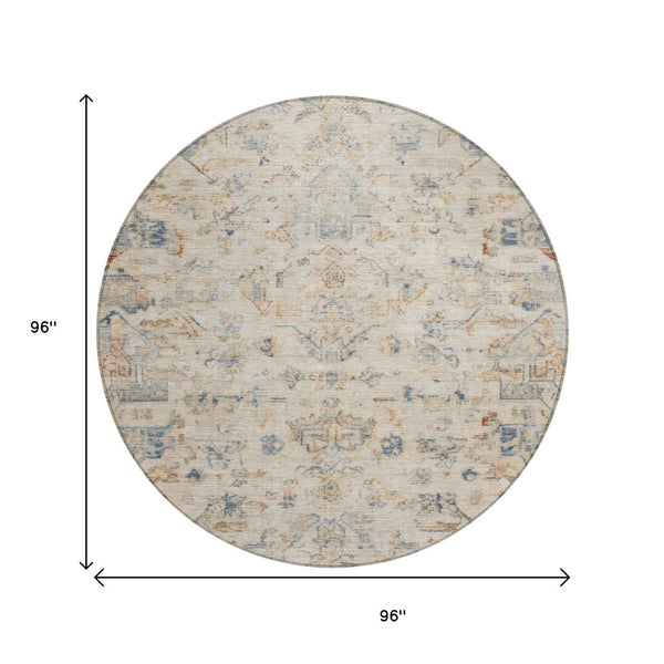 HomeRoots 8' Beige and Gray Round Medallion Rug - Washable, Durable, Stylish for Indoor/Outdoor Spaces 659236
