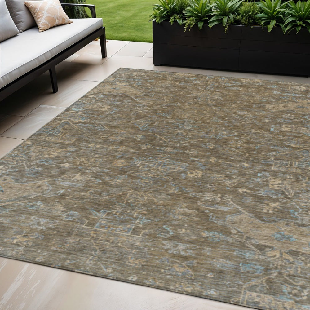 HomeRoots 5' Brown and Blue Medallion Area Rug - Durable, Washable Indoor/Outdoor Design for High-Traffic Spaces 659241