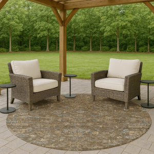 HomeRoots 8' Round Medallion Rug in Brown and Blue - Washable, Durable, Ideal for Indoor & Outdoor Spaces 659242