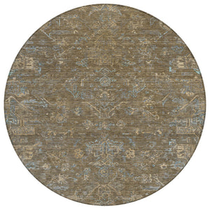 HomeRoots 8' Round Medallion Rug in Brown and Blue - Washable, Durable, Ideal for Indoor & Outdoor Spaces 659242