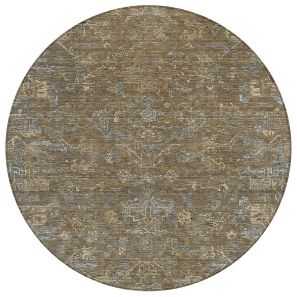 HomeRoots 8' Round Medallion Rug in Brown and Blue - Washable, Durable, Ideal for Indoor & Outdoor Spaces 659242