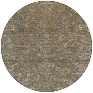 HomeRoots 8' Round Medallion Rug in Brown and Blue - Washable, Durable, Ideal for Indoor & Outdoor Spaces 659242