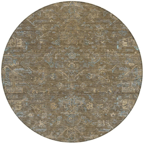 HomeRoots 8' Round Medallion Rug in Brown and Blue - Washable, Durable, Ideal for Indoor & Outdoor Spaces 659242