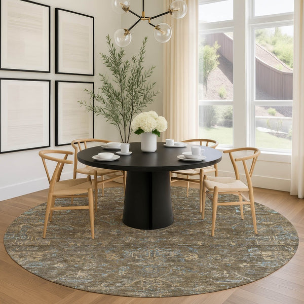 HomeRoots 8' Round Medallion Rug in Brown and Blue - Washable, Durable, Ideal for Indoor & Outdoor Spaces 659242