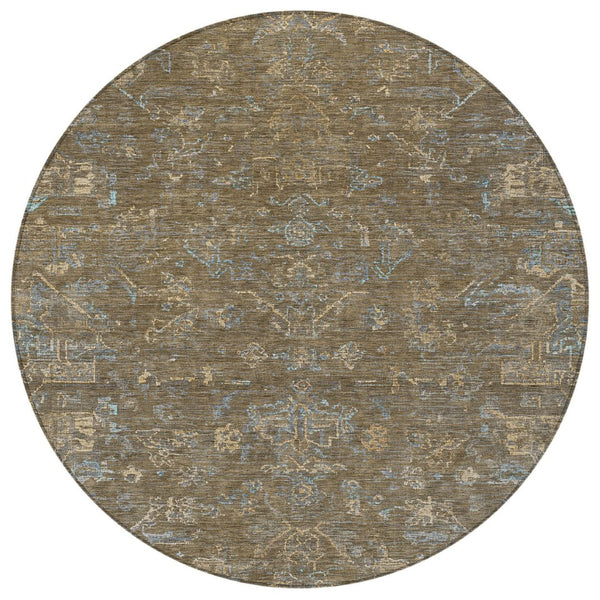 HomeRoots 8' Round Medallion Rug in Brown and Blue - Washable, Durable, Ideal for Indoor & Outdoor Spaces 659242