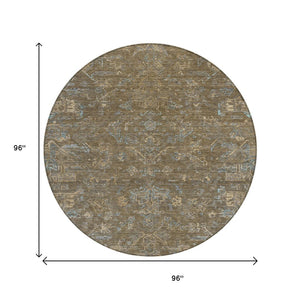 HomeRoots 8' Round Medallion Rug in Brown and Blue - Washable, Durable, Ideal for Indoor & Outdoor Spaces 659242