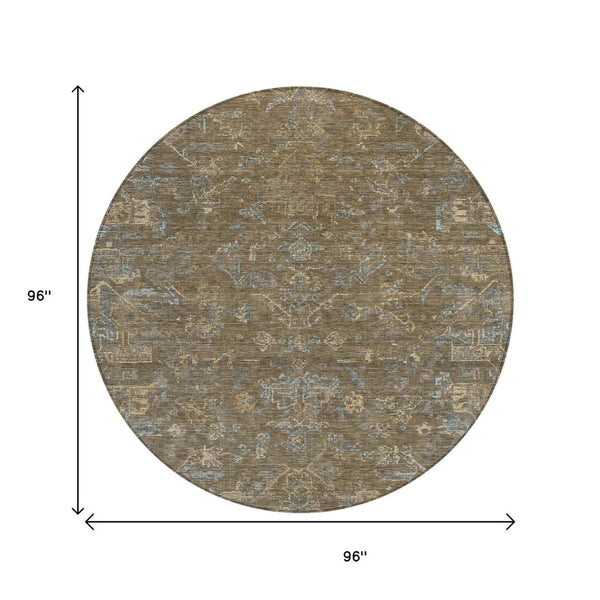 HomeRoots 8' Round Medallion Rug in Brown and Blue - Washable, Durable, Ideal for Indoor & Outdoor Spaces 659242