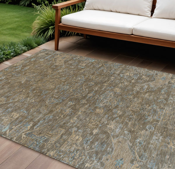 HomeRoots 10' Medallion Indoor Outdoor Area Rug - Durable Brown & Blue Washable Design for High-Traffic Spaces 659245