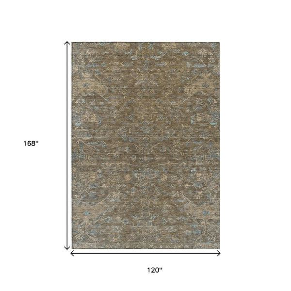 HomeRoots 10' Medallion Indoor Outdoor Area Rug - Durable Brown & Blue Washable Design for High-Traffic Spaces 659245