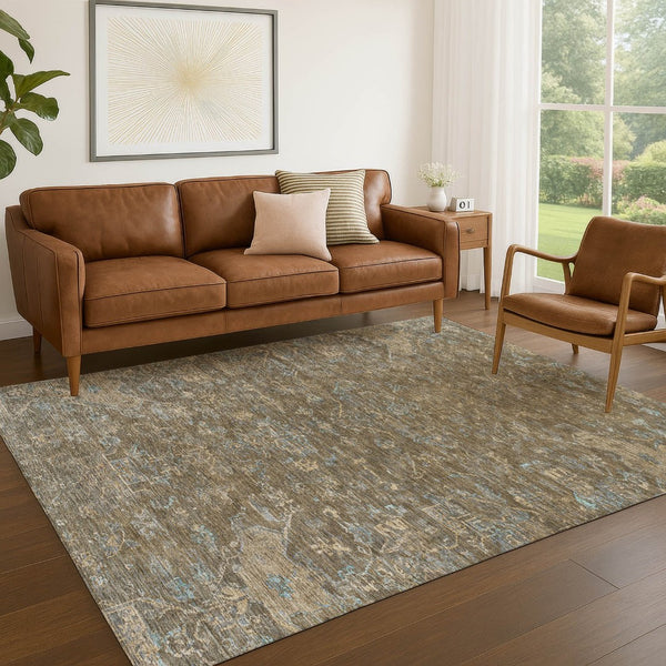 HomeRoots 10' Medallion Indoor Outdoor Area Rug - Durable Brown & Blue Washable Design for High-Traffic Spaces 659245