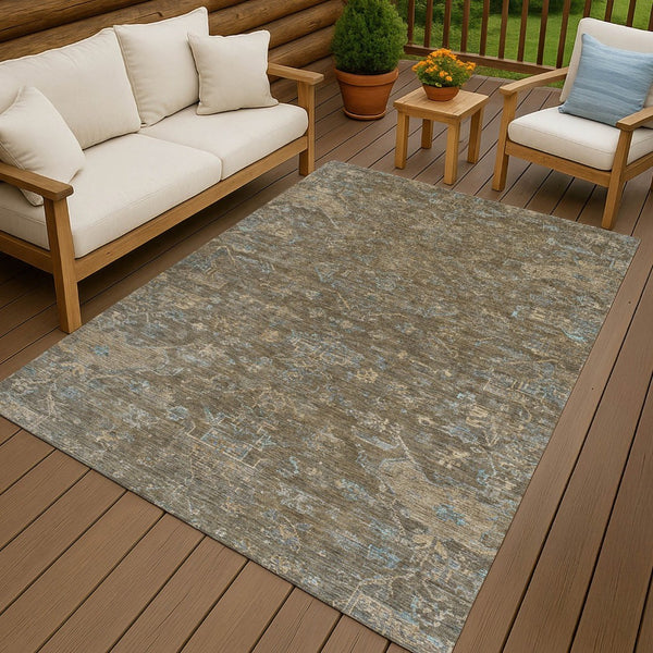 HomeRoots 10' Medallion Indoor Outdoor Area Rug - Durable Brown & Blue Washable Design for High-Traffic Spaces 659245