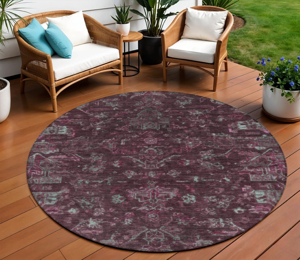 HomeRoots 8' Burgundy and Gray Round Medallion Area Rug - Washable, Durable, Stylish for Indoor & Outdoor Use 659248