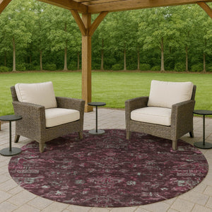 HomeRoots 8' Burgundy and Gray Round Medallion Area Rug - Washable, Durable, Stylish for Indoor & Outdoor Use 659248