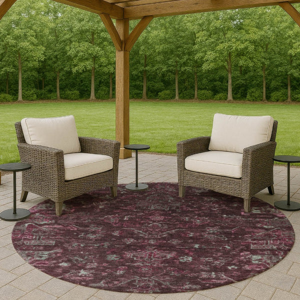 HomeRoots 8' Burgundy and Gray Round Medallion Area Rug - Washable, Durable, Stylish for Indoor & Outdoor Use 659248