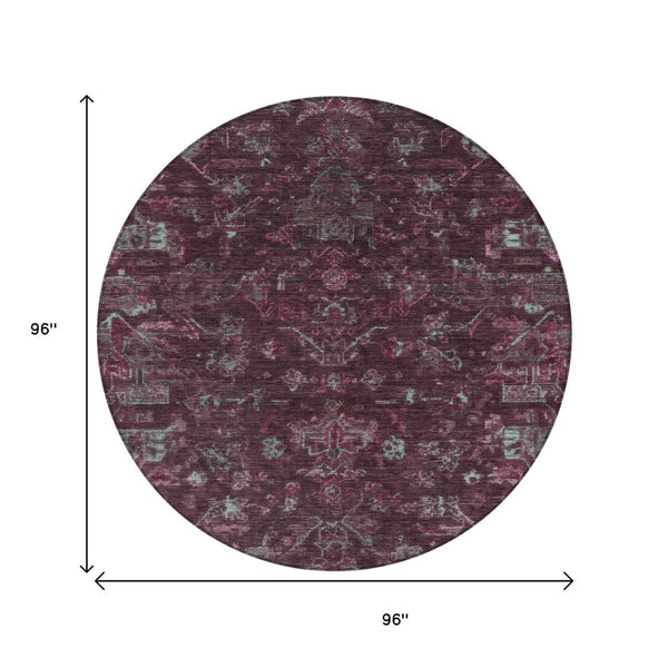 HomeRoots 8' Burgundy and Gray Round Medallion Area Rug - Washable, Durable, Stylish for Indoor & Outdoor Use 659248