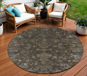HomeRoots 8' Round Medallion Area Rug in Chocolate & Gray - Durable, Washable for Indoor/Outdoor Use, Stylish Design 659254