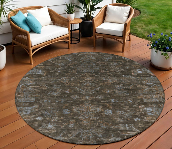 HomeRoots 8' Round Medallion Area Rug in Chocolate & Gray - Durable, Washable for Indoor/Outdoor Use, Stylish Design 659254