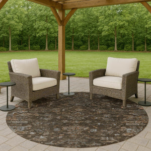 HomeRoots 8' Round Medallion Area Rug in Chocolate & Gray - Durable, Washable for Indoor/Outdoor Use, Stylish Design 659254