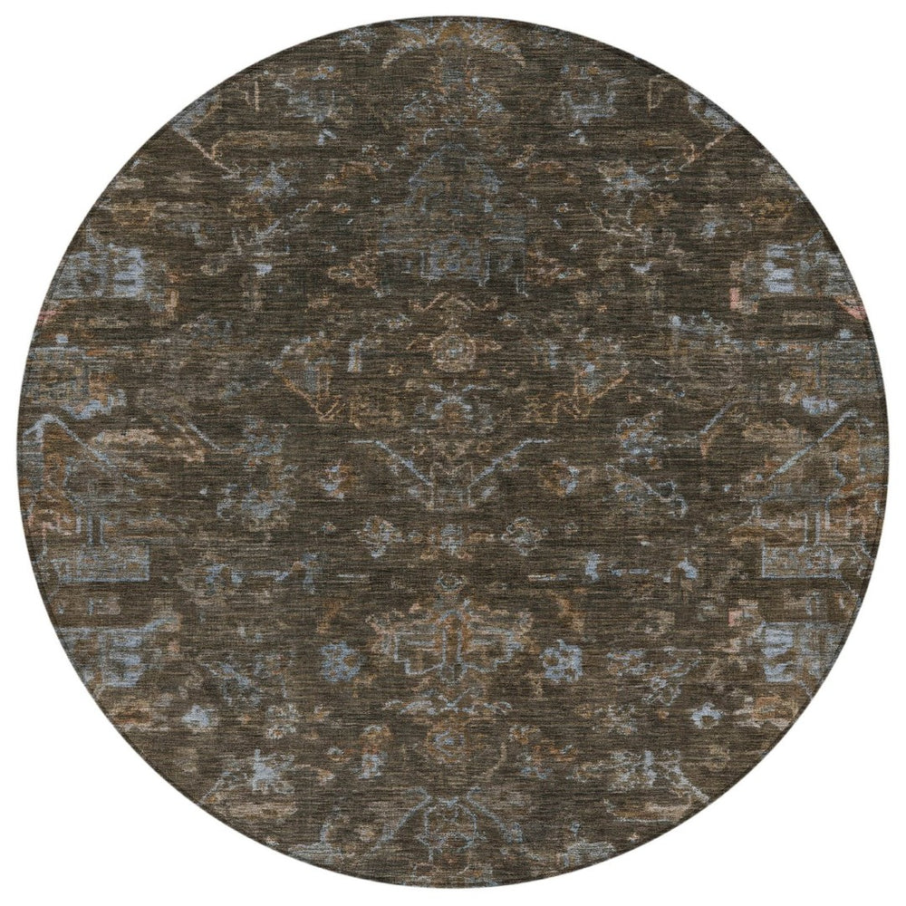 HomeRoots 8' Round Medallion Area Rug in Chocolate & Gray - Durable, Washable for Indoor/Outdoor Use, Stylish Design 659254
