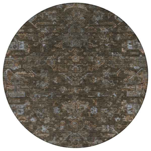 HomeRoots 8' Round Medallion Area Rug in Chocolate & Gray - Durable, Washable for Indoor/Outdoor Use, Stylish Design 659254