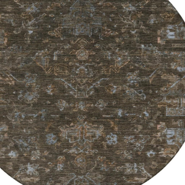 HomeRoots 8' Round Medallion Area Rug in Chocolate & Gray - Durable, Washable for Indoor/Outdoor Use, Stylish Design 659254