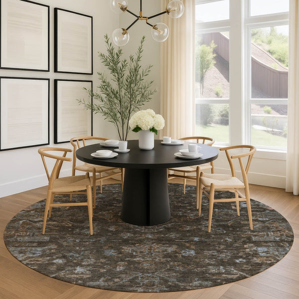 HomeRoots 8' Round Medallion Area Rug in Chocolate & Gray - Durable, Washable for Indoor/Outdoor Use, Stylish Design 659254