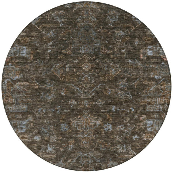 HomeRoots 8' Round Medallion Area Rug in Chocolate & Gray - Durable, Washable for Indoor/Outdoor Use, Stylish Design 659254