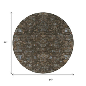 HomeRoots 8' Round Medallion Area Rug in Chocolate & Gray - Durable, Washable for Indoor/Outdoor Use, Stylish Design 659254