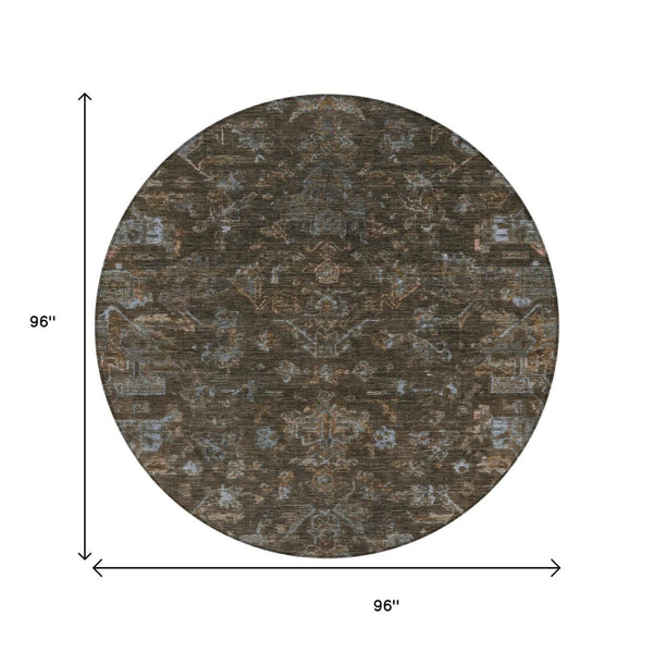 HomeRoots 8' Round Medallion Area Rug in Chocolate & Gray - Durable, Washable for Indoor/Outdoor Use, Stylish Design 659254