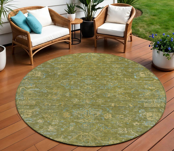 HomeRoots 8' Fern Green and Blue Round Medallion Area Rug – Washable, Durable, Perfect for Indoor & Outdoor Use! 659260