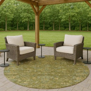 HomeRoots 8' Fern Green and Blue Round Medallion Area Rug – Washable, Durable, Perfect for Indoor & Outdoor Use! 659260