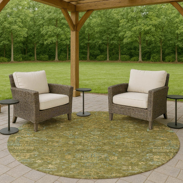 HomeRoots 8' Fern Green and Blue Round Medallion Area Rug – Washable, Durable, Perfect for Indoor & Outdoor Use! 659260