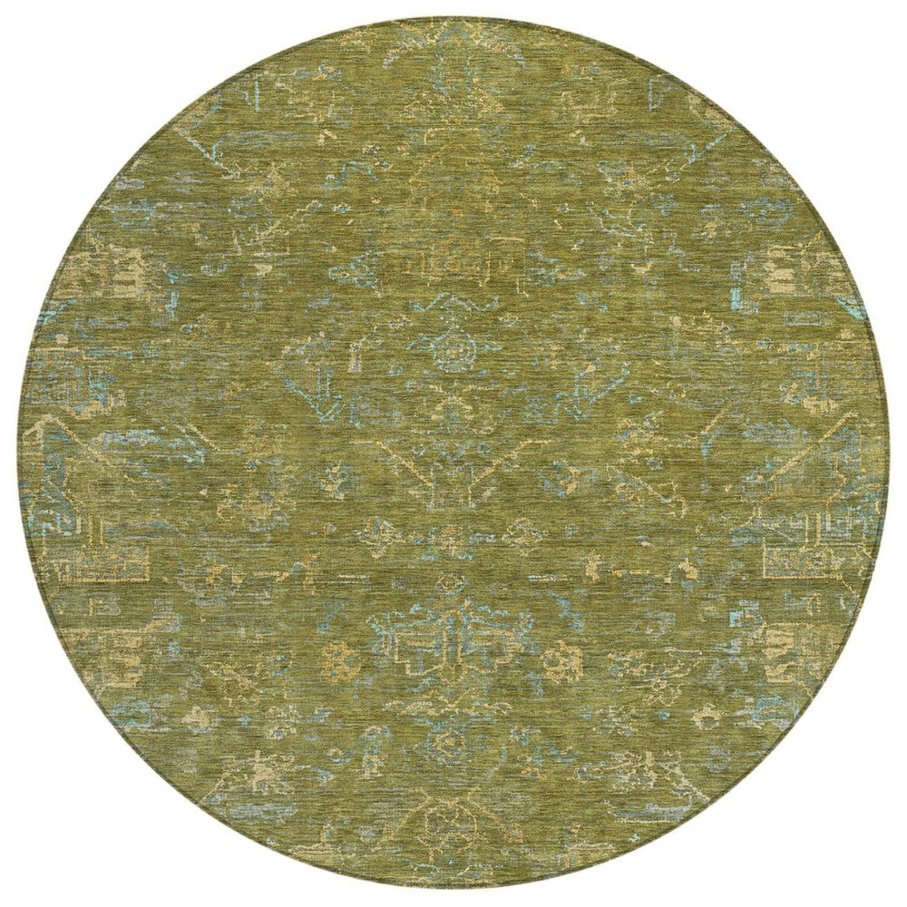 HomeRoots 8' Fern Green and Blue Round Medallion Area Rug – Washable, Durable, Perfect for Indoor & Outdoor Use! 659260