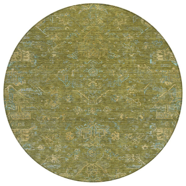 HomeRoots 8' Fern Green and Blue Round Medallion Area Rug – Washable, Durable, Perfect for Indoor & Outdoor Use! 659260