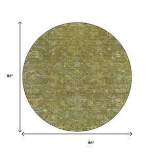 HomeRoots 8' Fern Green and Blue Round Medallion Area Rug – Washable, Durable, Perfect for Indoor & Outdoor Use! 659260
