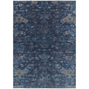 HomeRoots 5' Navy Blue and Gray Medallion Rug – Washable, Durable, Indoor/Outdoor Perfect for High-Traffic Areas 659265