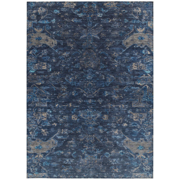 HomeRoots 5' Navy Blue and Gray Medallion Rug – Washable, Durable, Indoor/Outdoor Perfect for High-Traffic Areas 659265