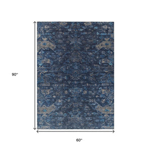 HomeRoots 5' Navy Blue and Gray Medallion Rug – Washable, Durable, Indoor/Outdoor Perfect for High-Traffic Areas 659265