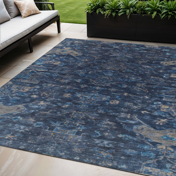 HomeRoots 5' Navy Blue and Gray Medallion Rug – Washable, Durable, Indoor/Outdoor Perfect for High-Traffic Areas 659265