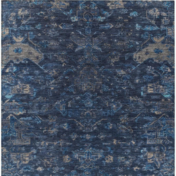 HomeRoots 5' Navy Blue and Gray Medallion Rug – Washable, Durable, Indoor/Outdoor Perfect for High-Traffic Areas 659265