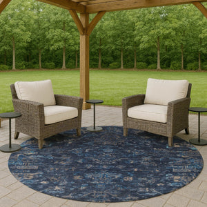 HomeRoots 8' Navy Blue & Gray Round Medallion Rug - Durable, Washable, Stylish for Indoor & Outdoor Spaces 659266