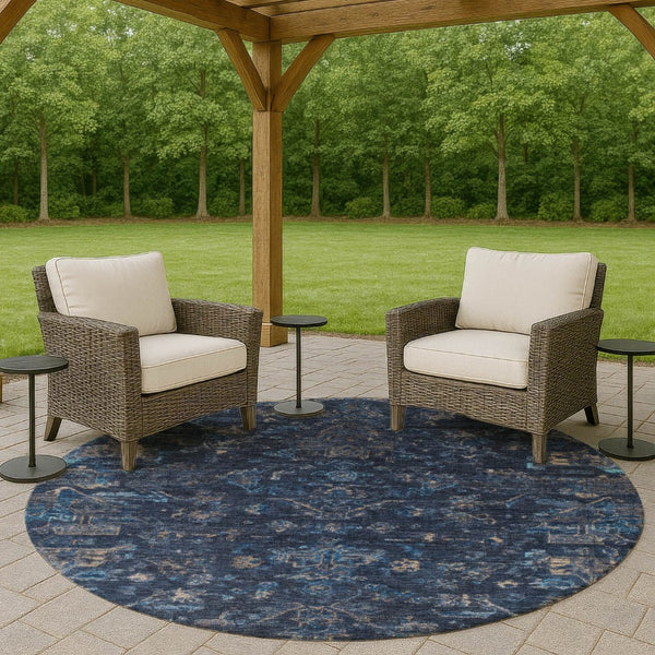 HomeRoots 8' Navy Blue & Gray Round Medallion Rug - Durable, Washable, Stylish for Indoor & Outdoor Spaces 659266
