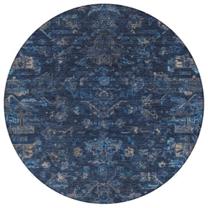 HomeRoots 8' Navy Blue & Gray Round Medallion Rug - Durable, Washable, Stylish for Indoor & Outdoor Spaces 659266