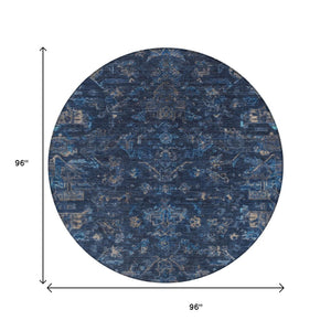 HomeRoots 8' Navy Blue & Gray Round Medallion Rug - Durable, Washable, Stylish for Indoor & Outdoor Spaces 659266
