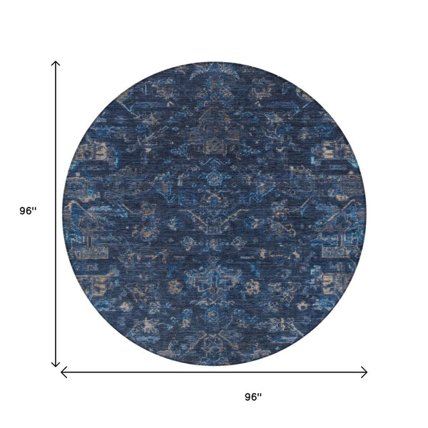 HomeRoots 8' Navy Blue & Gray Round Medallion Rug - Durable, Washable, Stylish for Indoor & Outdoor Spaces 659266