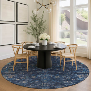 HomeRoots 8' Navy Blue & Gray Round Medallion Rug - Durable, Washable, Stylish for Indoor & Outdoor Spaces 659266