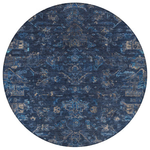 HomeRoots 8' Navy Blue & Gray Round Medallion Rug - Durable, Washable, Stylish for Indoor & Outdoor Spaces 659266